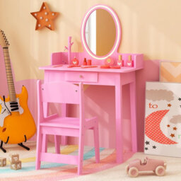 Costway Kids Vanity Set W/ Lighted Mirror Makeup Dressing Table W/ Chair - thumbnail 4