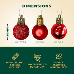 Festive Fix Red Mini Christmas Baubles 25 Pack Shatterproof Small Ornaments For Xmas Tree Decorations Matte Gloss Glitter - thumbnail 2
