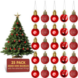 Festive Fix Red Mini Christmas Baubles 25 Pack Shatterproof Small Ornaments For Xmas Tree Decorations Matte Gloss Glitter