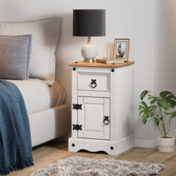 Mercers Furniture Corona White Bedside Table Cabinet Narrow Pot Cupboard 1 Door 1 Drawer Solid Wood Pine Wooden Mexican Styling