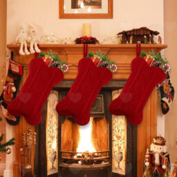 Amorly 3Pcs Knitted Dog Christmas Stockings, Red Bone Shaped Pet Hanging Sacks, Festive Ornaments For Indoor Christmas Decorations - thumbnail 1