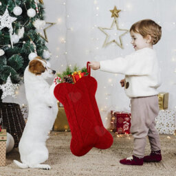 Amorly 3Pcs Knitted Dog Christmas Stockings, Red Bone Shaped Pet Hanging Sacks, Festive Ornaments For Indoor Christmas Decorations - thumbnail 2