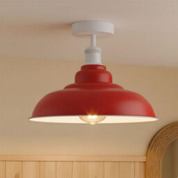 Vintage Flush Mount Ceiling Ligh E27 Holder With 32Cm Red Ceiling Lampshade Easy Fit Metal Semi Flush Lighting