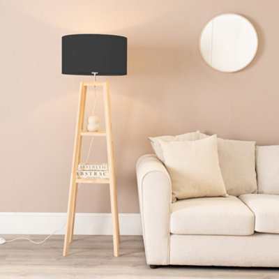 Valuelights Wakefield Two Storage Shelf Wooden Floor Lamp With Black Fabric Shade - image 1