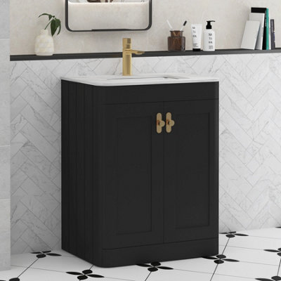 Royal Bathrooms Henley 600mm Matt Nocturne Black Floor Standing Vanity Unit 2 Door With Carrara White Top & Brushed Brass Knob - image 1