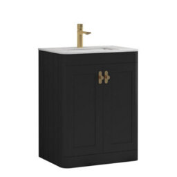 Royal Bathrooms Henley 600mm Matt Nocturne Black Floor Standing Vanity Unit 2 Door With Carrara White Top & Brushed Brass Knob - thumbnail 5