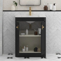 Royal Bathrooms Henley 600mm Matt Nocturne Black Floor Standing Vanity Unit 2 Door With Carrara White Top & Brushed Brass Knob - thumbnail 4