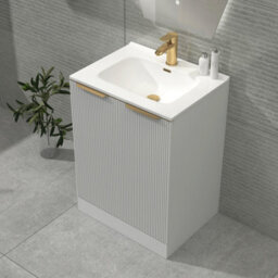 Royal Bathrooms Evora 700mm Matt White Fluted Floor Standing Bathroom Vanity Unit 2 Door With Ceramic Basin & Brushed Brass Handle - thumbnail 5