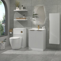 Royal Bathrooms Evora 700mm Matt White Fluted Floor Standing Bathroom Vanity Unit 2 Door With Ceramic Basin & Brushed Brass Handle - thumbnail 3