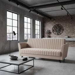 Vinti 3 Seater Fabric Sofa Bed With Storage Compartment Fold Out Sleeping Function Modern Living Room Design Beige - thumbnail 2