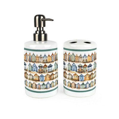 Purely Home Beach Huts Bathroom Set - Refillable Ceramic Soap Dispenser & Toothbrush Holder - image 1