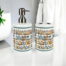 Purely Home Beach Huts Bathroom Set - Refillable Ceramic Soap Dispenser & Toothbrush Holder - thumbnail 2