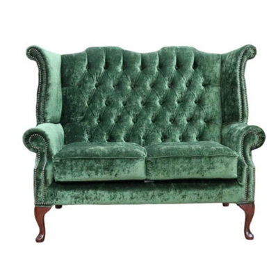 Chesterfield 2 Seater High Back Sofa Modena Forest Green Velvet Fabric In Queen Anne Style - image 1