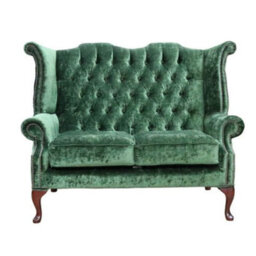 Chesterfield 2 Seater High Back Sofa Modena Forest Green Velvet Fabric In Queen Anne Style - thumbnail 1