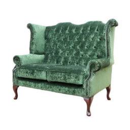 Chesterfield 2 Seater High Back Sofa Modena Forest Green Velvet Fabric In Queen Anne Style - thumbnail 3