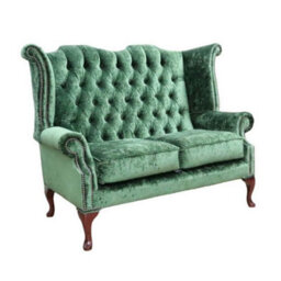 Chesterfield 2 Seater High Back Sofa Modena Forest Green Velvet Fabric In Queen Anne Style - thumbnail 2