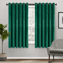 Ameha Green Emerald Velvet Curtains Insulated Thick Thermal Eyelet Ring Top Curtain Pair Tie Backs
