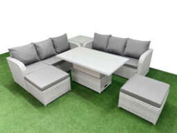 Fimous Outdoor Garden Furniture Sets 8 Seater Adjustable Lifting Dining Or Coffee Table Lounge Sofa 2 Big Footstool Side Table