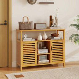 Bamboo Bathroom Cabinet 2 Door Storage Organizer With Shelves - thumbnail 6