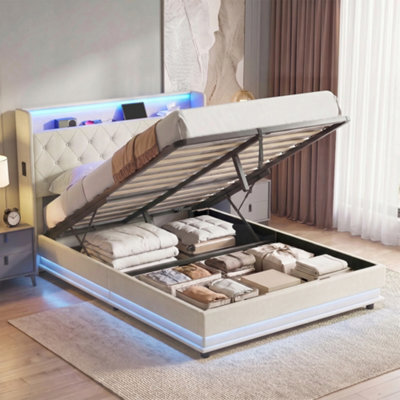 Homcom Lift Up Storage Bed Frame With Rgb Led Lights, 135 X 190Cm, Cream - image 1