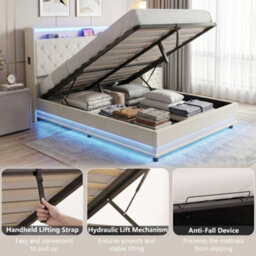 Homcom Lift Up Storage Bed Frame With Rgb Led Lights, 135 X 190Cm, Cream - thumbnail 8