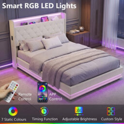 Homcom Lift Up Storage Bed Frame With Rgb Led Lights, 135 X 190Cm, Cream - thumbnail 5