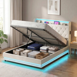 Homcom Lift Up Storage Bed Frame With Rgb Led Lights, 135 X 190Cm, Cream - thumbnail 2