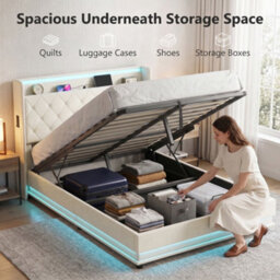 Homcom Lift Up Storage Bed Frame With Rgb Led Lights, 135 X 190Cm, Cream - thumbnail 4