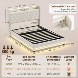 Homcom Lift Up Storage Bed Frame With Rgb Led Lights, 135 X 190Cm, Cream - thumbnail 3