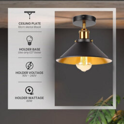 Flush Mount Lighting Metal E27 Ceiling Light Fixtures For Bedroom Livingroom Kitchen 22Cm Cone Shade Black Inner Gold Lamp - thumbnail 5