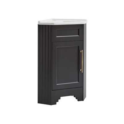 Homestylestore Black Grey 580mm Corner Bathroom Vanity Unit And Brushed Brass T Bar Handles