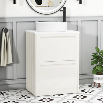Royal Bathrooms Royal Bathroom Elmore 600mm Classic White Freestanding Bathroom Vanity Unit 2 Drawer Plain White Worktop With Art Basin - image 1