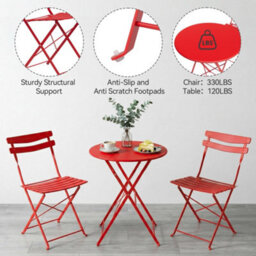 London Boutique 3Pcs Patio Bistro Set Foldable Garden Round Table Chairs Set - Red - thumbnail 6