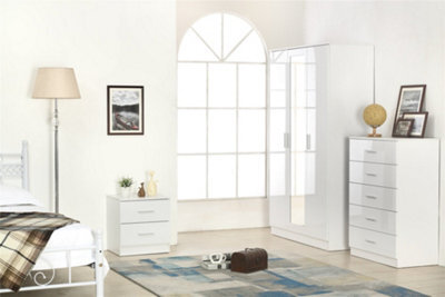 Reflect 3 Door Mirror Wardrobe, 5 Drawer Chest, 2 Drawer Bedside - White Gloss & Matt White - Modern Bedroom Furniture Set - image 1