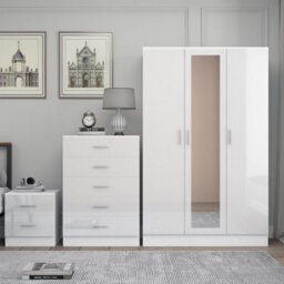 Reflect 3 Door Mirror Wardrobe, 5 Drawer Chest, 2 Drawer Bedside - White Gloss & Matt White - Modern Bedroom Furniture Set - thumbnail 3