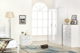 Reflect 3 Door Mirror Wardrobe, 5 Drawer Chest, 2 Drawer Bedside - White Gloss & Matt White - Modern Bedroom Furniture Set - thumbnail 1