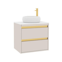 Royal Bathrooms Orion 600mm Warm Taupe Wall Hung Plain White Countertop Vanity Unit 2 Drawer With Milan Basin & Brushed Brass Accent Trim - thumbnail 6