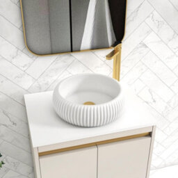 Royal Bathrooms Orion 600mm Warm Taupe Wall Hung Plain White Countertop Vanity Unit 2 Drawer With Milan Basin & Brushed Brass Accent Trim - thumbnail 5