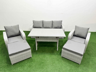Fimous Pe Rattan Garden Furniture Set Reclining Chair Sofa Lounge Sofa Set Rectangular Dining Table 2 Big Footstool Light Grey - image 1
