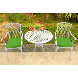 Homeology Oshowa White Aluminium Weatherproof Outdoor Table And 2 Comfortable Chairs Bistro Set With Green Cushions - thumbnail 4