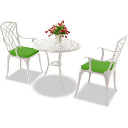 Homeology Oshowa White Aluminium Weatherproof Outdoor Table And 2 Comfortable Chairs Bistro Set With Green Cushions - thumbnail 1