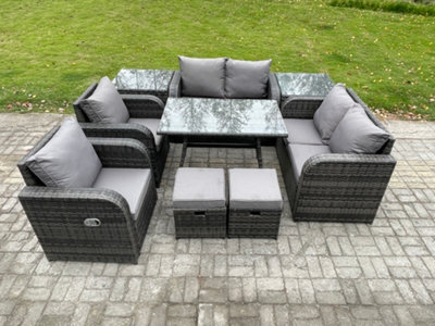 Fimous 8 Seater Rattan Garden Dining Set Outdoor Furniture Sofa With Rectangular Dining Table 2 Small Footstools Dark Grey Mixed - image 1