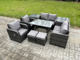 Fimous 8 Seater Rattan Garden Dining Set Outdoor Furniture Sofa With Rectangular Dining Table 2 Small Footstools Dark Grey Mixed - thumbnail 2