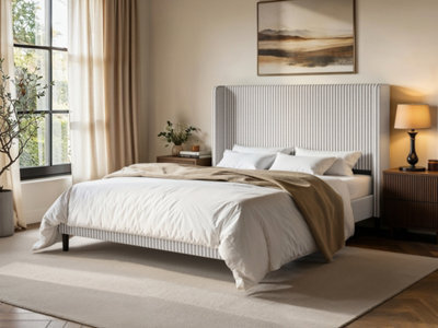Solace+Co Jovanna Striped Bed Frame With Winged Headboard Woven Fabric Brown Kingsize - image 1