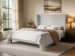 Solace+Co Jovanna Striped Bed Frame With Winged Headboard Woven Fabric Brown Kingsize - thumbnail 1