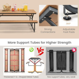 Costway Outdoor Dining Table & 2 Benches Picnic Table Bench Set W/ Umbrella Hole - thumbnail 8