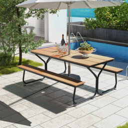 Costway Outdoor Dining Table & 2 Benches Picnic Table Bench Set W/ Umbrella Hole - thumbnail 3