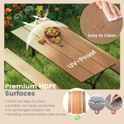 Costway Outdoor Dining Table & 2 Benches Picnic Table Bench Set W/ Umbrella Hole - thumbnail 7