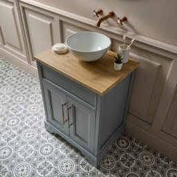 Homestylestore Light Grey And Oak 645mm Bathroom Vanity Unit With Round Countertop Basin And Brushed Copper T Bar Handles - thumbnail 3