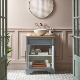 Homestylestore Light Grey And Oak 645mm Bathroom Vanity Unit With Round Countertop Basin And Brushed Copper T Bar Handles - thumbnail 2